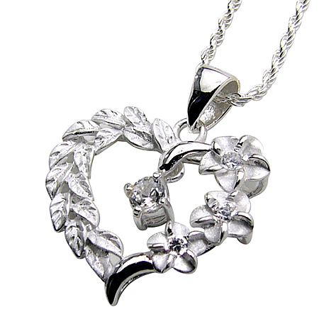 yMokuleia JewelryzVo[y_g gbv^Silver Heart w/3 Plumeria&Leaf &Clear cz Pendant Top^nCAWG[^Vo[^Vo[lbNXEy_g